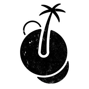 Logotipo en blanco y negro de Isla Despedidas con forma de coco y palmera