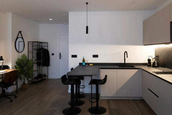 Vista de la entrada al apartamento Alma Demetrio con barra de cocina y taburetes.