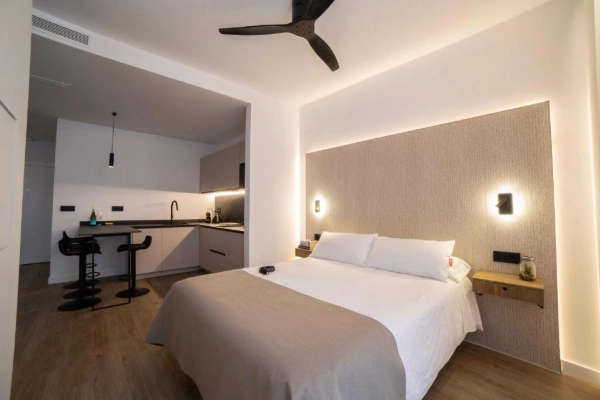 Vista del apartamento desde la cama hacia cocina y elementos decorativos.