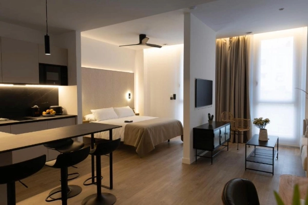 Vista completa de apartamento con cama, cocina y zona de estar en Alma Demetrio.