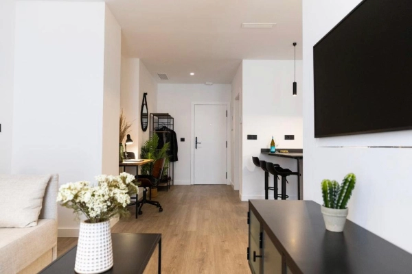 Apartamento Alma Demetrio con distribución abierta desde salón hacia cocina y entrada.