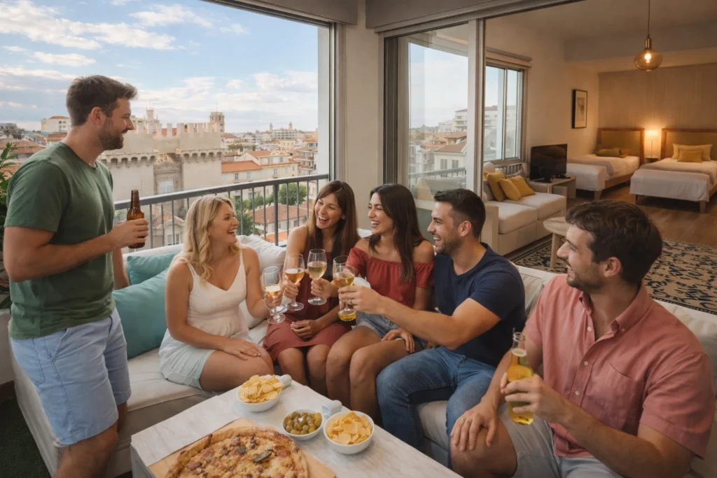 Grupo de amigos en alojamiento para despedidas en Valencia con terraza y vistas a la ciudad