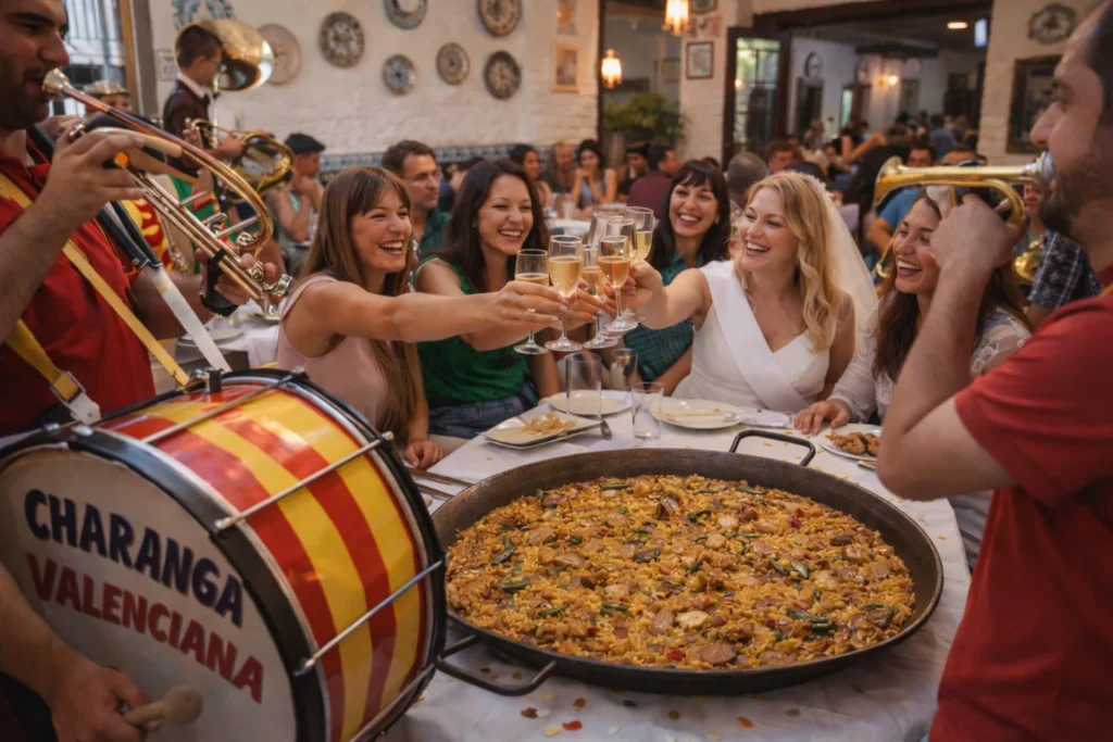Despedida de soltera en Valencia con comida y charanga en restaurante del Puerto con paella valenciana