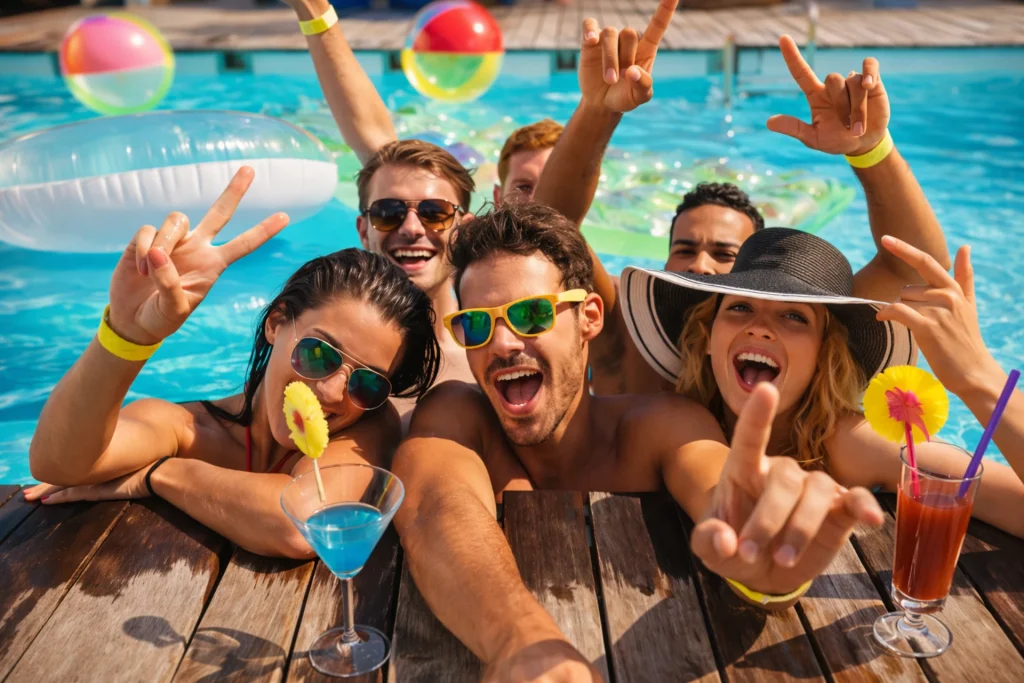 Despedida en piscina en Valencia con grupo de amigos celebrando en pool party