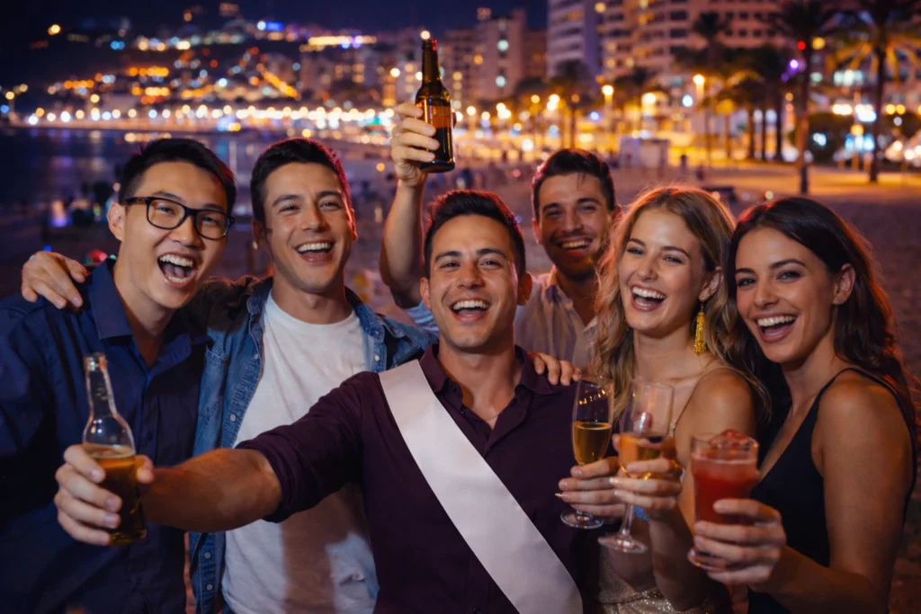 Fiesta de soltero en Valencia en la playa con grupo brindando por la noche