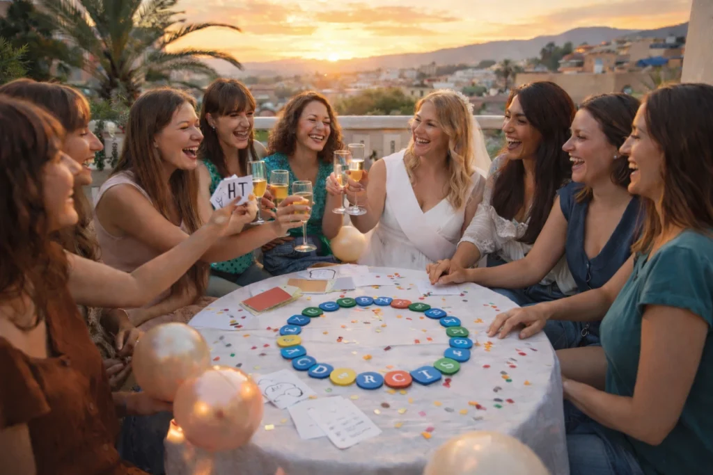 Grupo de chicas en despedida de soltera jugando a Pasapalabra con rosco de letras en una terraza de Valencia